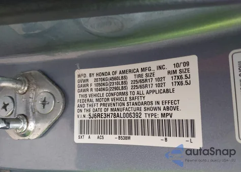 2010 Honda Cr-V Ex-L from USA, damaged, VIN 5J6RE3H78AL006392